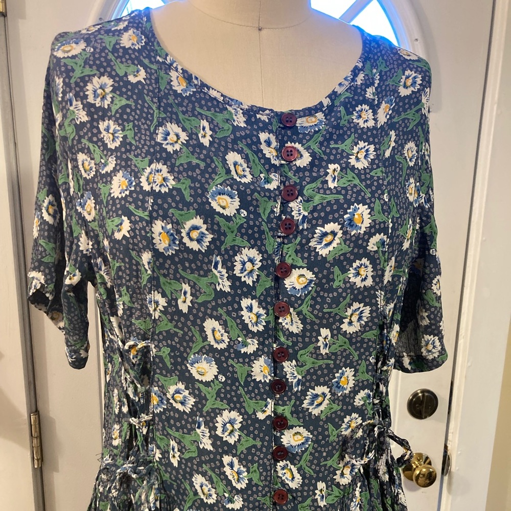 1990s Vintage Zontee Blue Floral Print Hippie Dress L